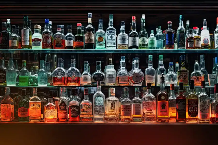 The backlit spirits wall in the shop
