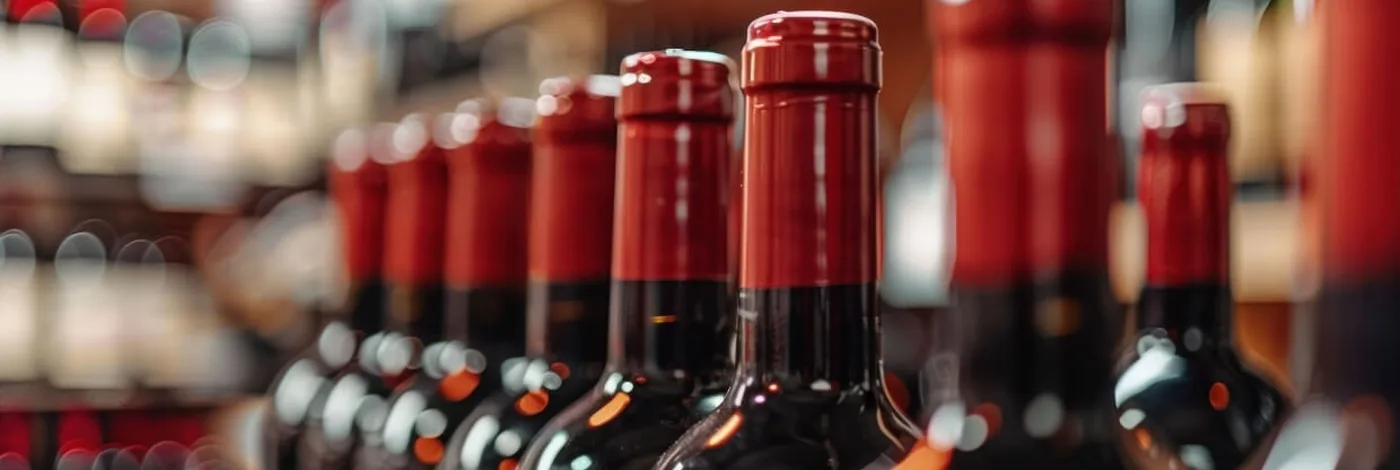 Red wine capsules in a row on the shelf